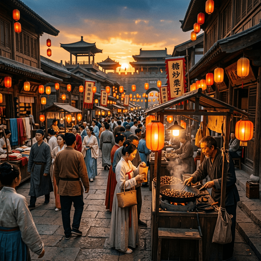 Traditional Chinese street market with people, vendor cooking chestnuts, and red lanterns at sunset