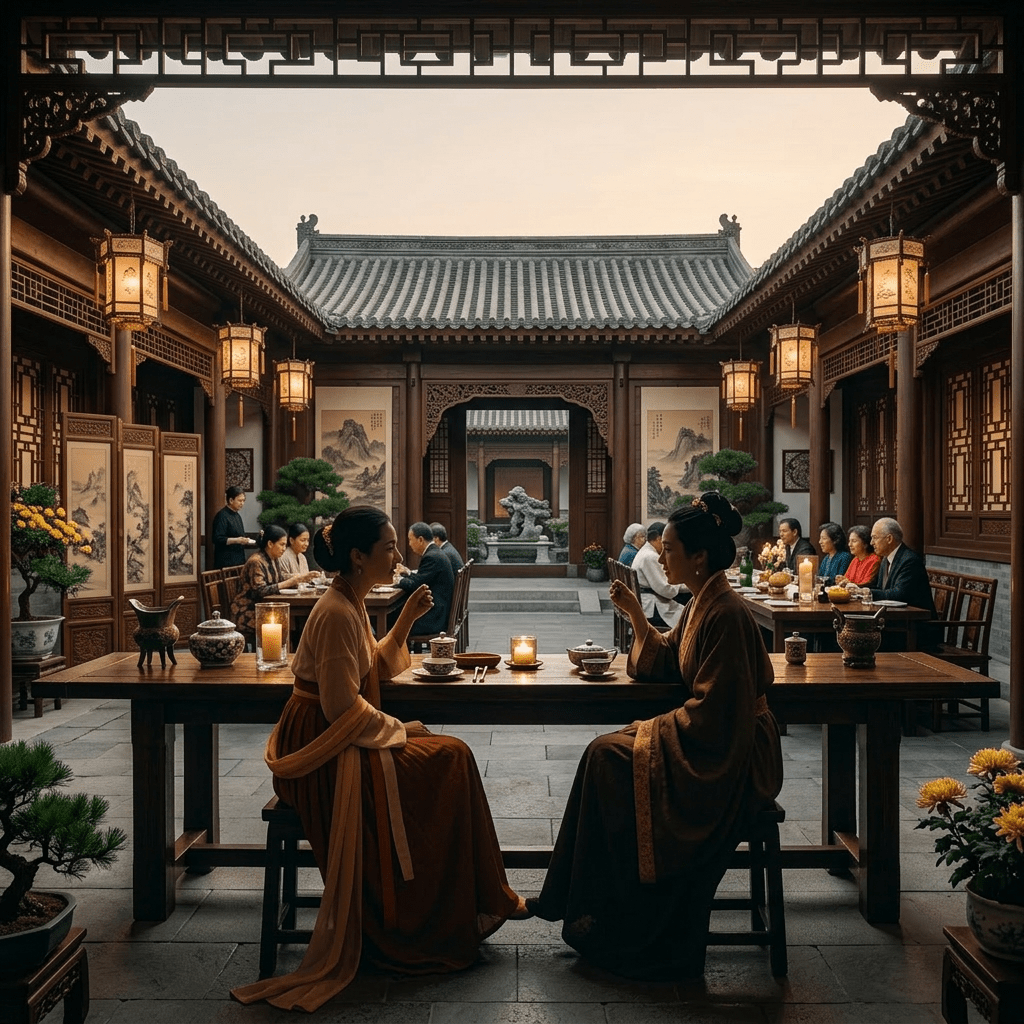 Two women sitting at a wooden table in a medieval dining hall with chandeliers and people in the background