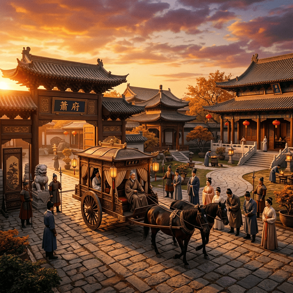 Nobleman arriving in horse-drawn carriage at traditional Chinese estate with attendants