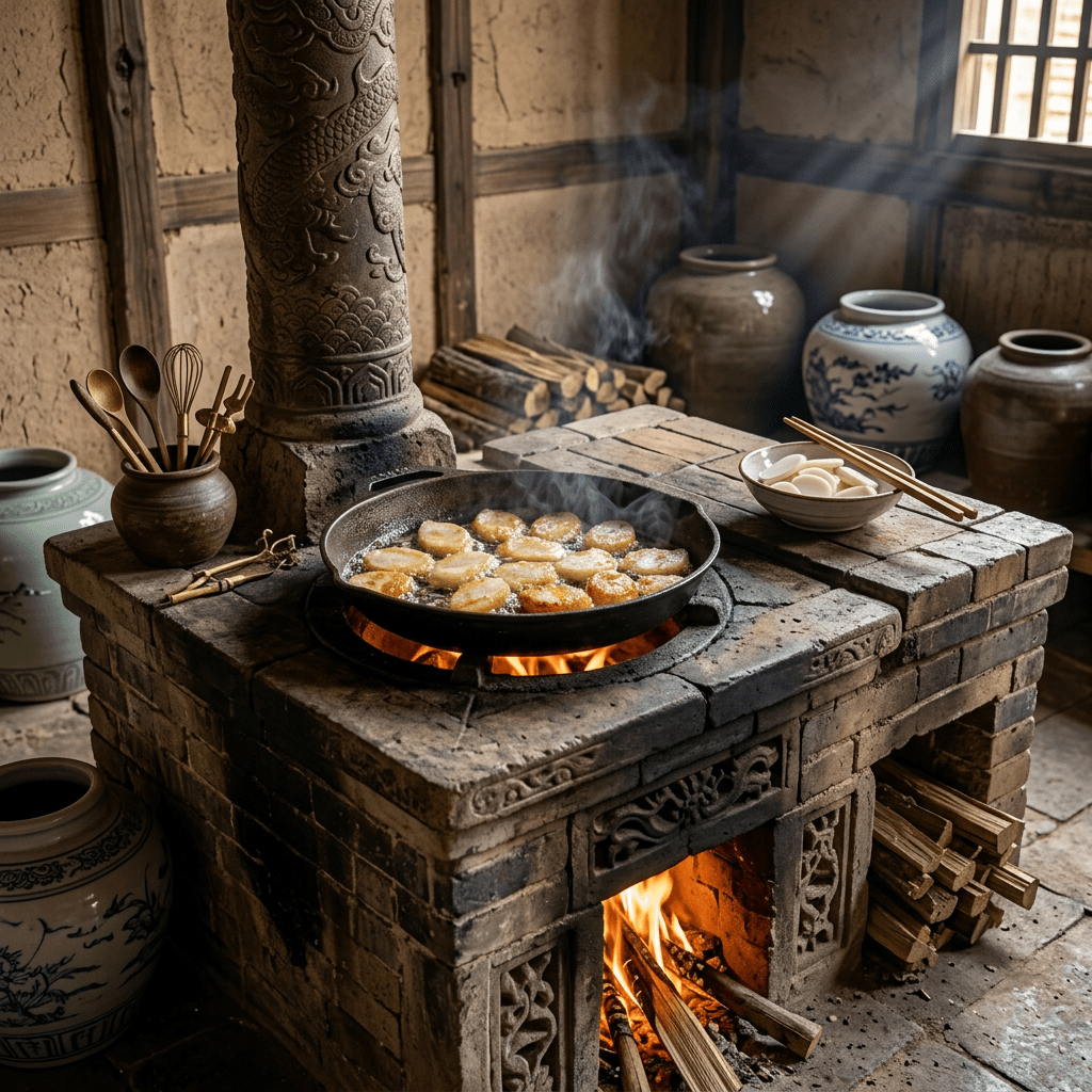 Sliced potato pieces frying in hot oil in a cast iron pan