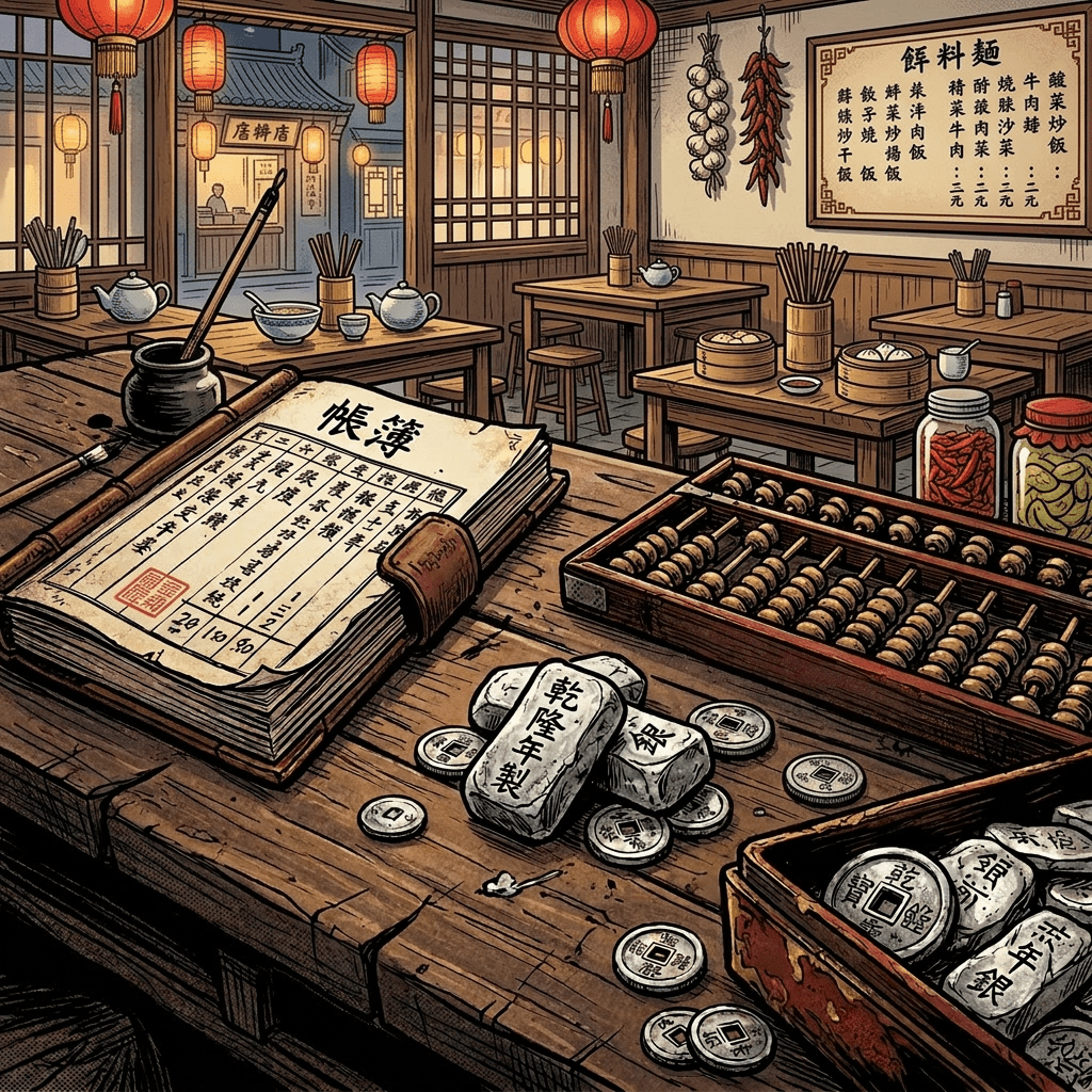 Traditional Chinese abacus, ink brush, coins, silver taels, and accounting book on a wooden table