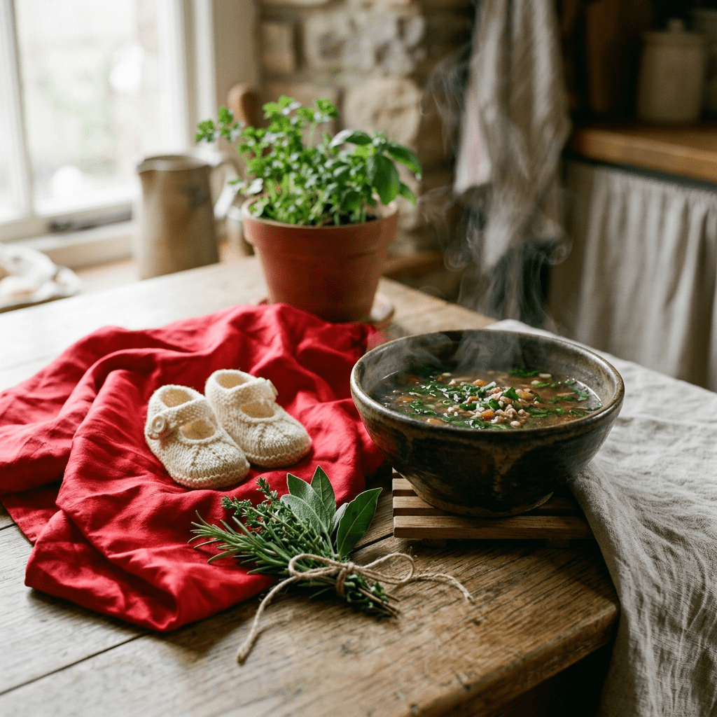 Steaming bowl of vegetable soup, baby booties on red cloth, fresh herbs tied with string