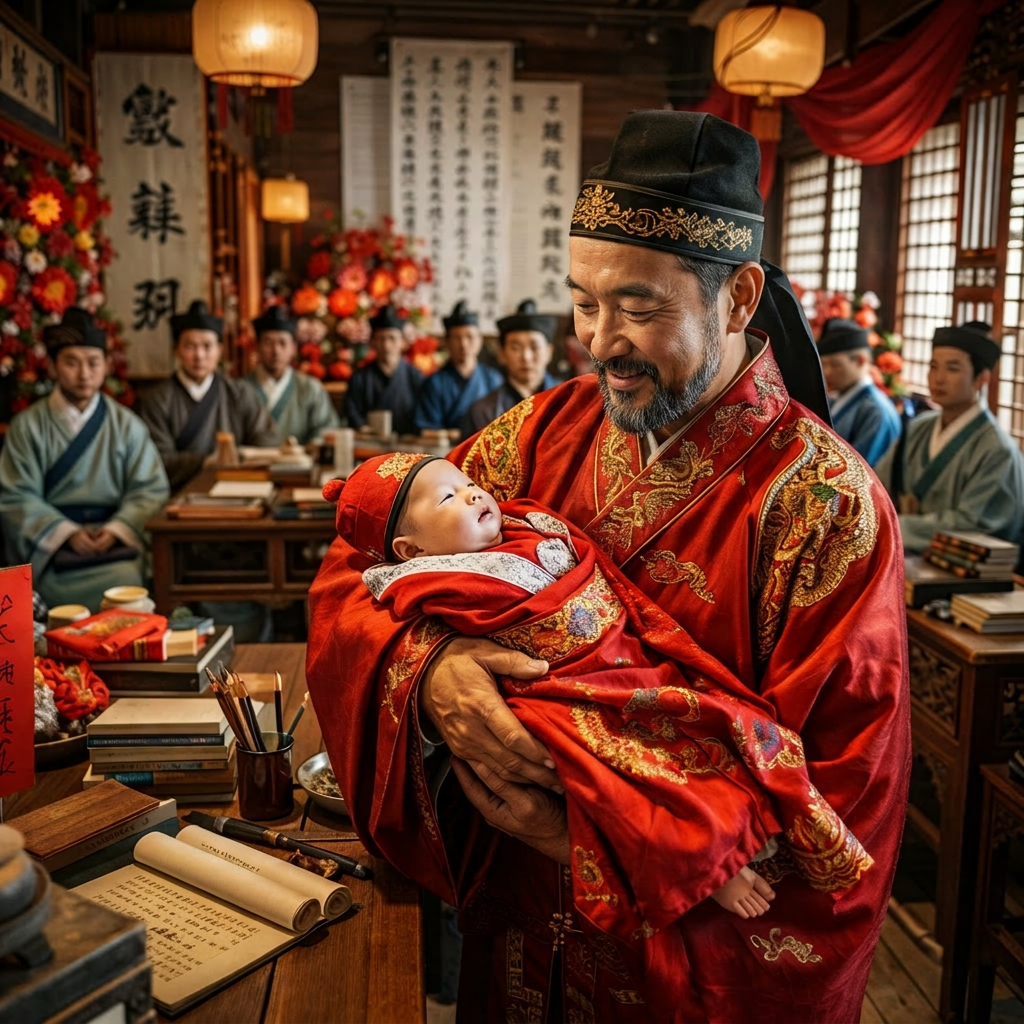 Elderly man in traditional Korean ceremonial clothing holding an infant wrapped in a red embroidered cloth.
