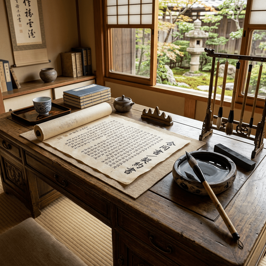 Japanese calligraphy brushes, ink, and scroll on wooden desk in traditional room