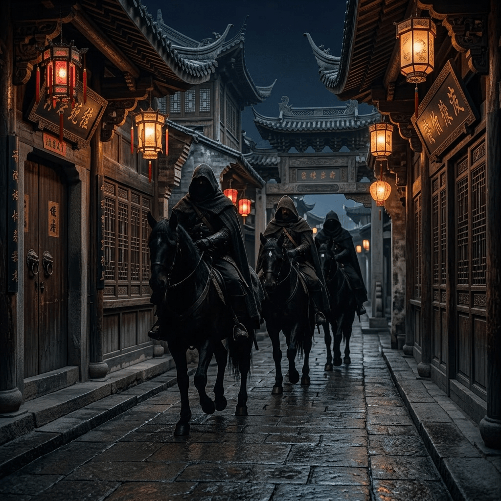 Three hooded figures riding horses down a dimly lit cobblestone street between old stone buildings