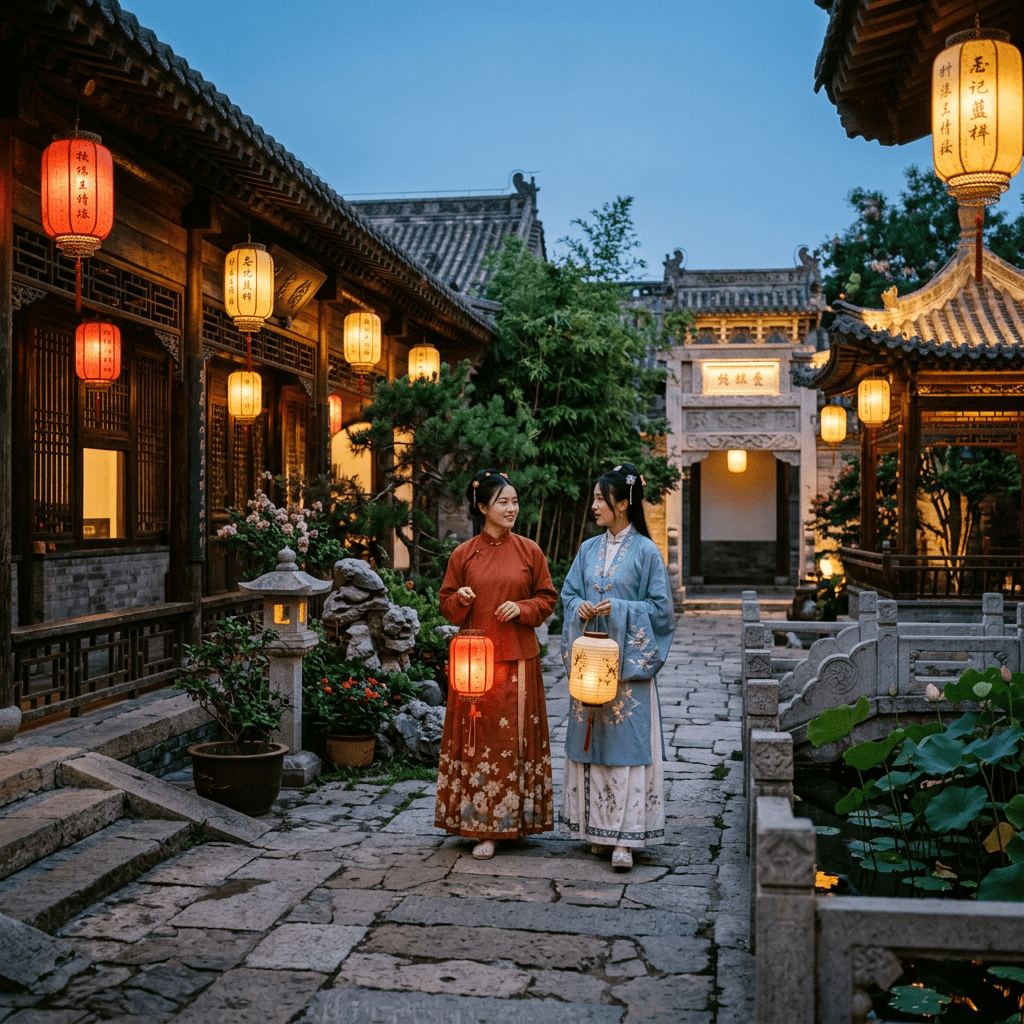 Two women in traditional Chinese dresses holding lanterns walking in a historic courtyard with stone pathways and hanging lanterns