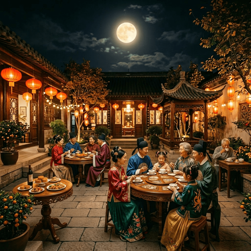 Three generations of family gathered around a round table enjoying a meal outdoors under red lanterns and full moon