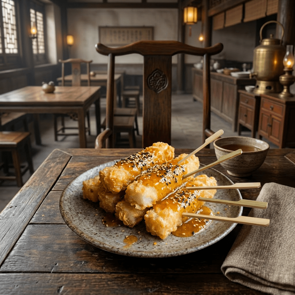 Plate of crispy fried rolls topped with sesame seeds and sweet sauce