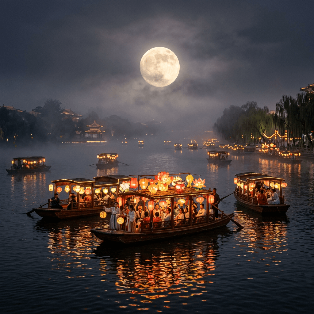 Boats decorated with colorful lanterns carrying people on a river at night under a bright full moon.