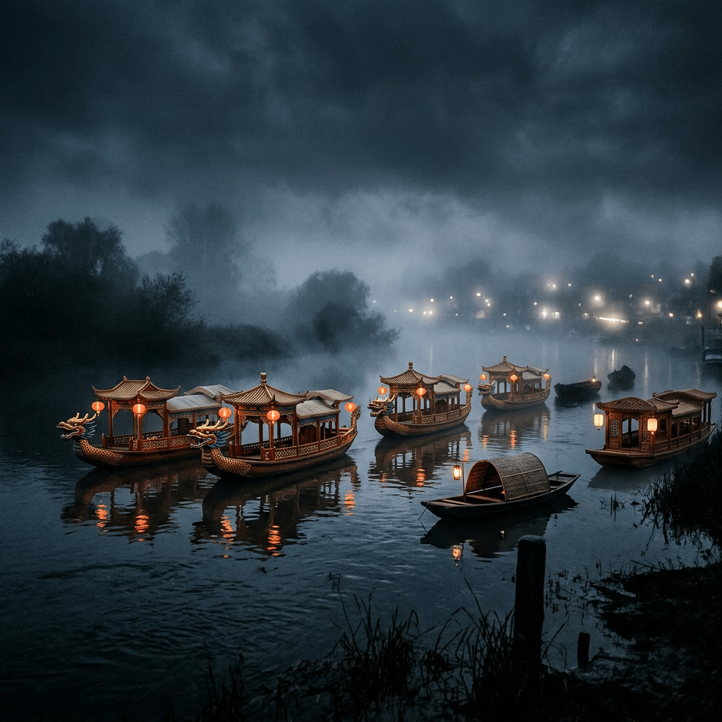 Small boats moored on a fog-covered river at dusk with illuminated village in background