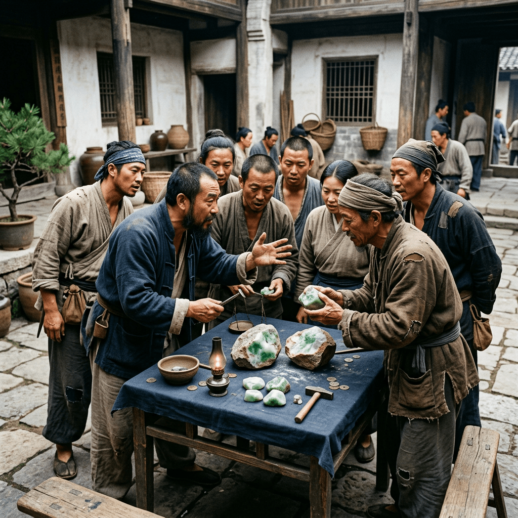 Group of people examining jade stones at a marketplace table