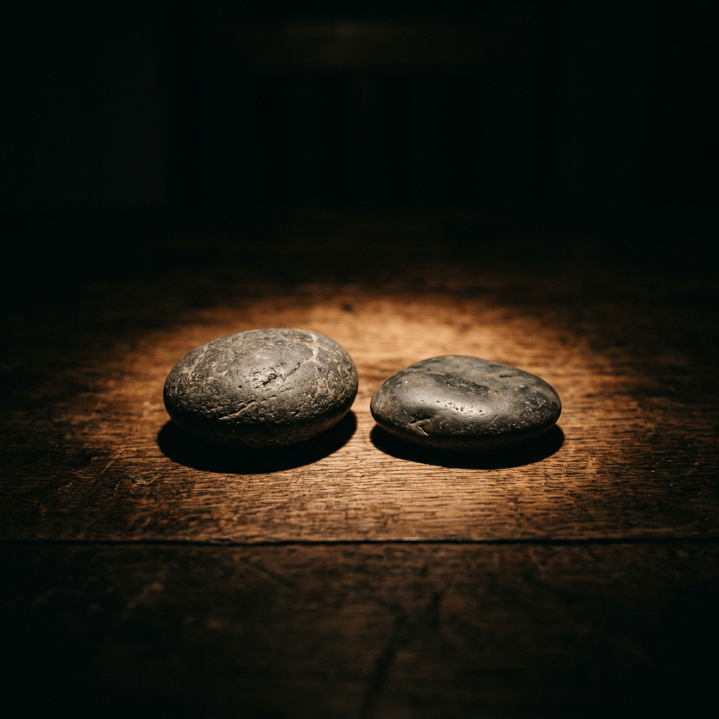 Two smooth dark stones side by side on a wooden surface