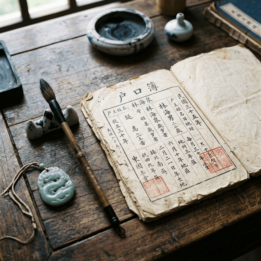 Open aged Chinese ledger with black ink calligraphy, brush, ink stone, and jade pendant on wooden table