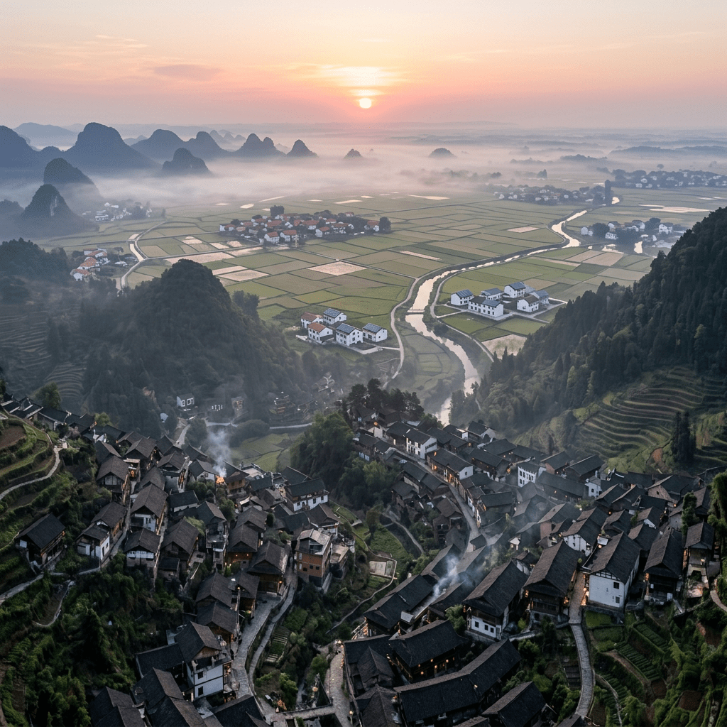 Village with traditional houses in fog-covered mountainous landscape at dawn