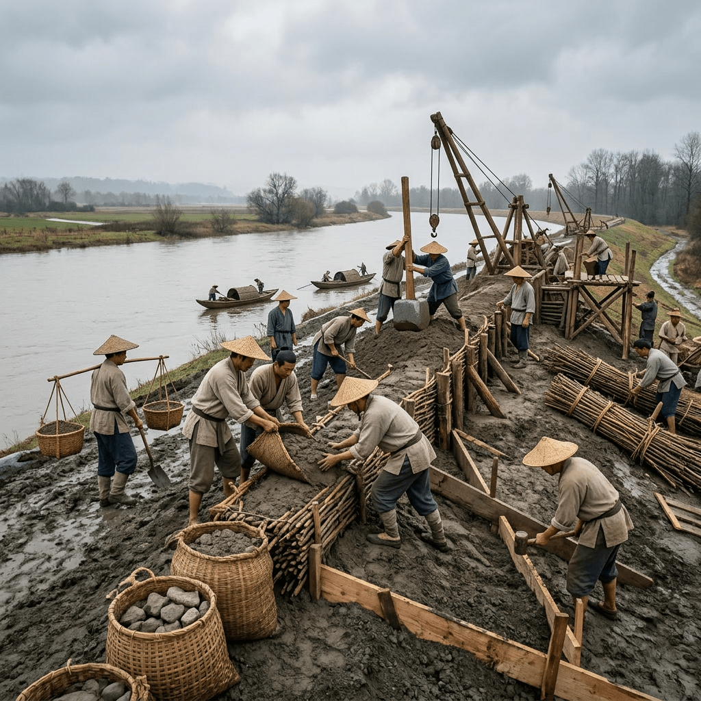 Construction workers placing sandbags and earth along riverbank using excavator
