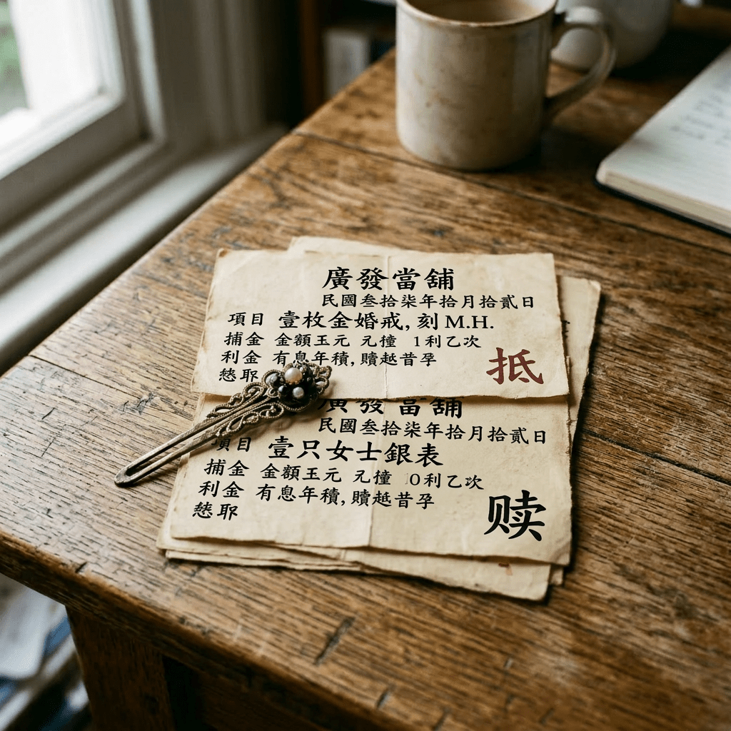 Two vintage pawnbroker tickets from 1948 and 1950 with a decorative hairpin on a wooden table