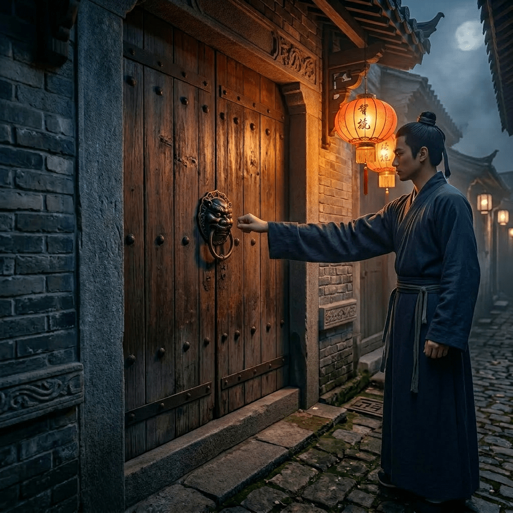 Hand knocking on weathered wooden door with lit lantern mounted on stone wall