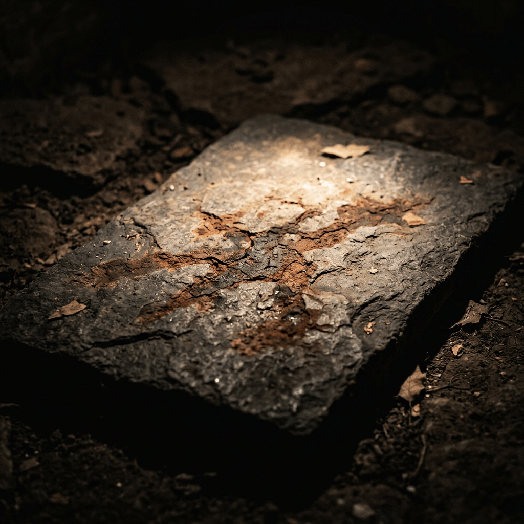 Rugged stone slab with rust stains lying on soil with dry leaves