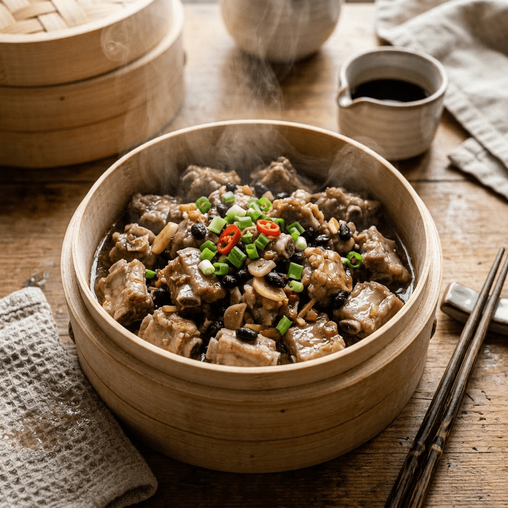 Steaming bowl of minced pork mixed with black beans and topped with chopped green scallions