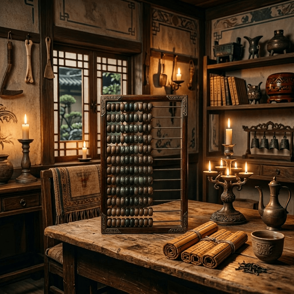 Wooden abacus on rustic desk with lit oil lamp, notebook, quill, ink bottle, and mug