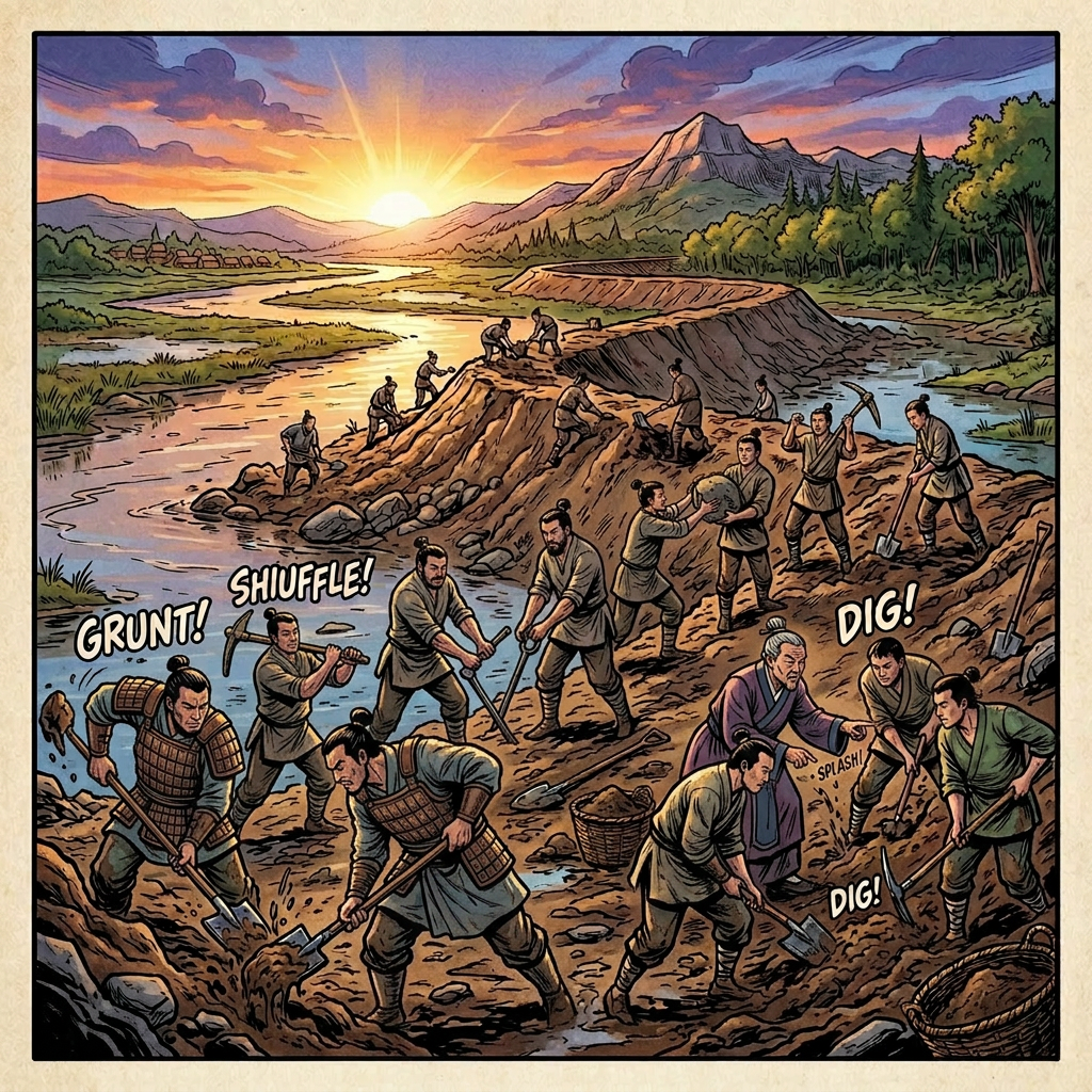 Medieval workers digging and transporting soil by a riverbank at sunset