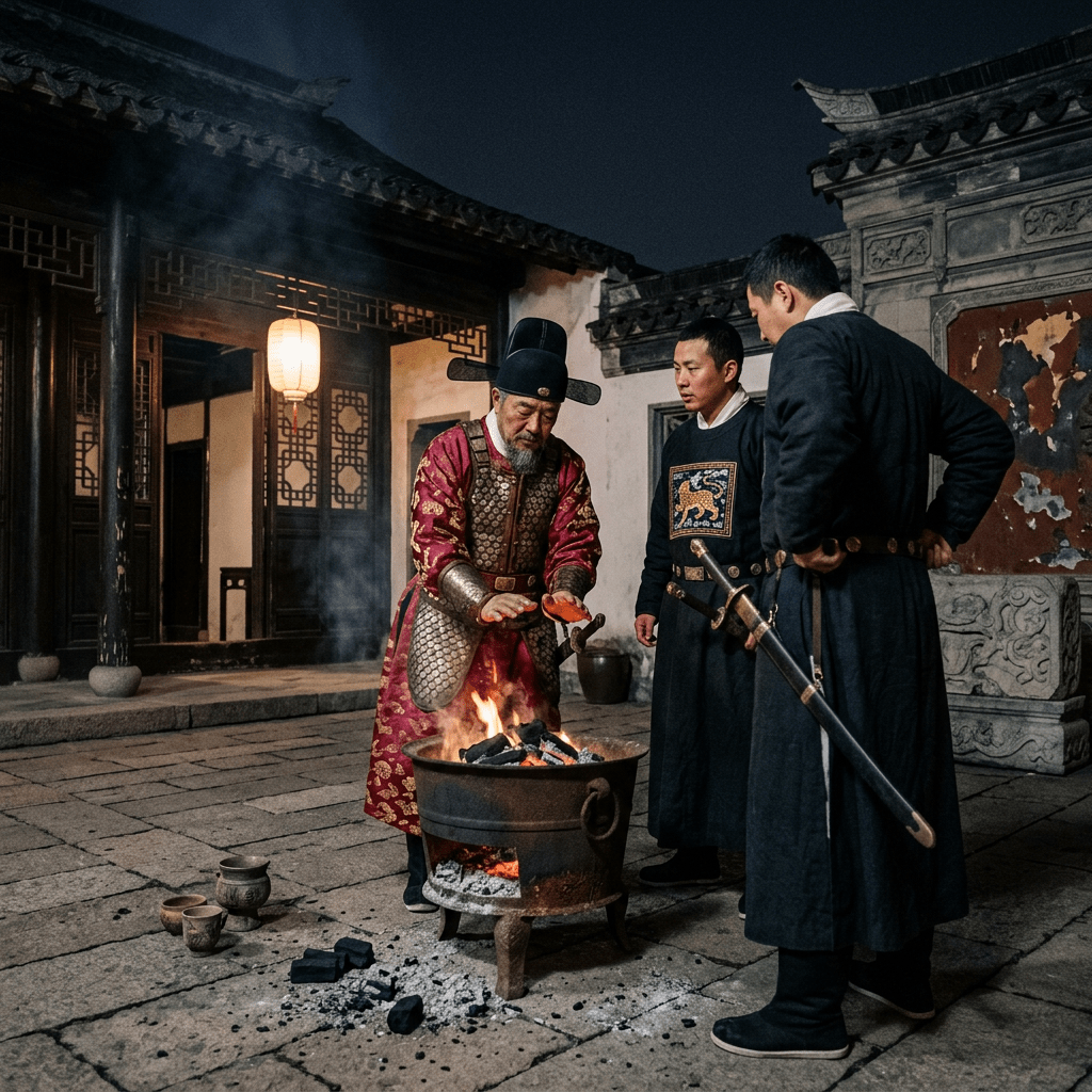Three men in traditional East Asian clothing standing around a fire pit in a stone courtyard at night