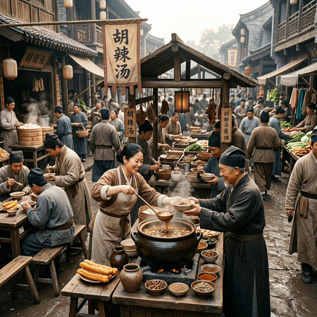 Traditional Chinese street market with vendors serving soup and customers eating