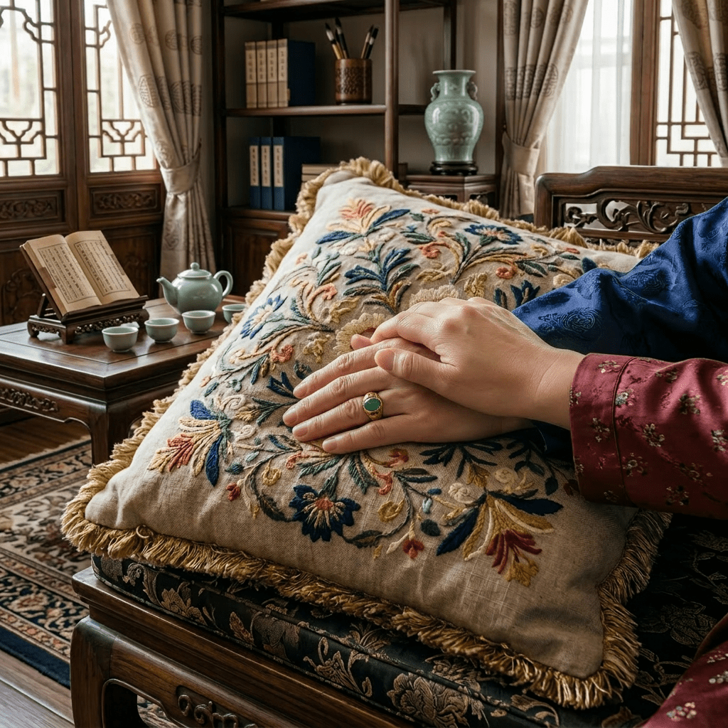 Two hands resting on a floral embroidered cushion with golden fringe