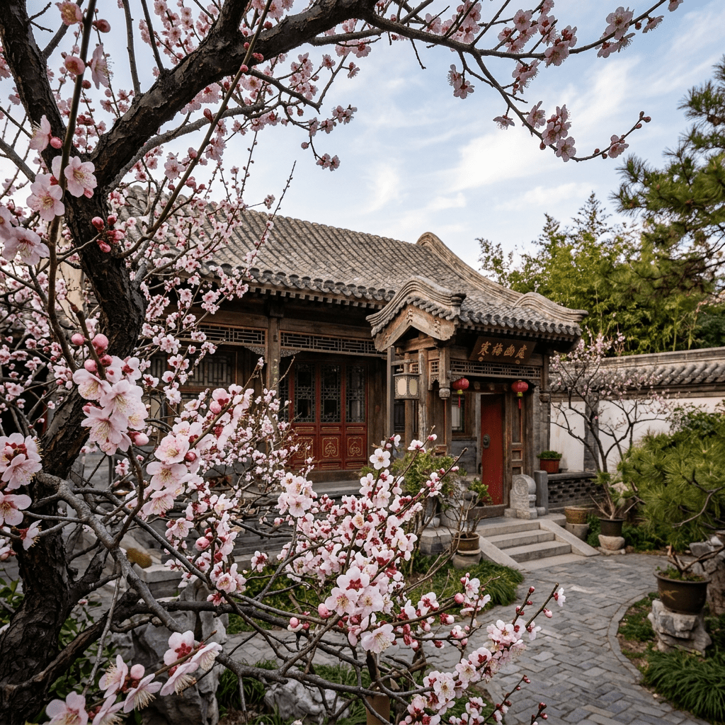 Courtyard featuring pink plum blossoms in front of traditional Chinese building