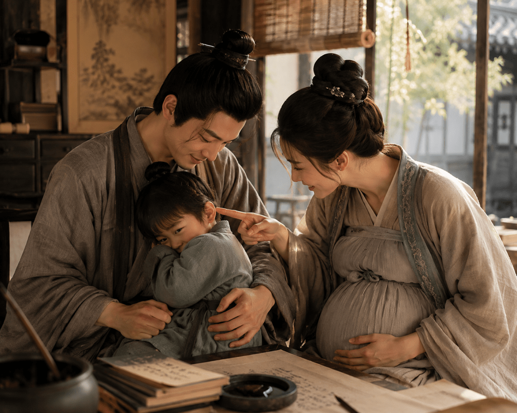 A heavily pregnant woman playfully teases her shy four-year-old son as he hides in his father's arms inside their modest home in ancient China.