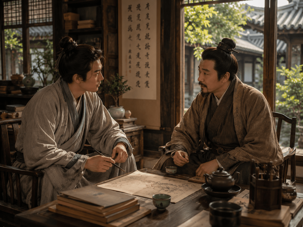 Zhou Yu discusses his future plans with the County Magistrate during a private visit inside a modest scholarly home in ancient China.