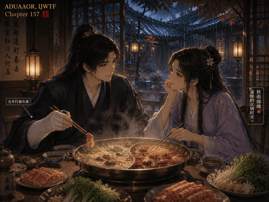The male lead, his wrist in a cast, shares a steaming mushroom hot pot with the female lead as autumn rain falls outside their traditional Chinese residence in a warm donghua-style illustration.