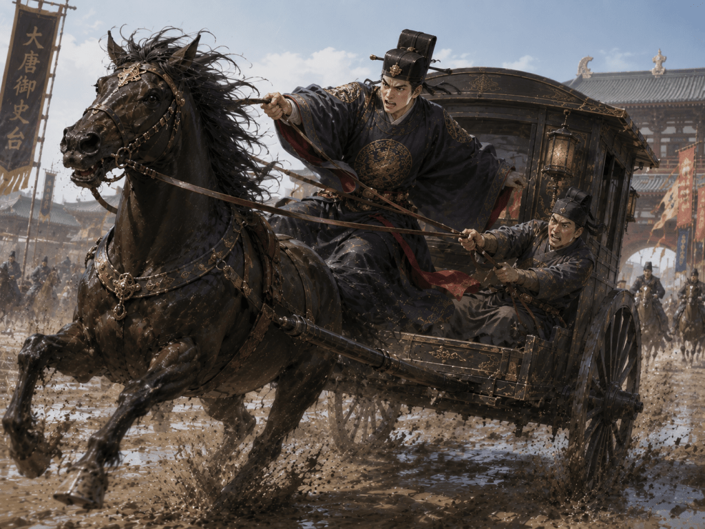 An arrogant young Tang dynasty official in ornate robes desperately tries to rein in a runaway horse while the carriage driver frantically pulls the reins from the carriage on a muddy road during daylight.