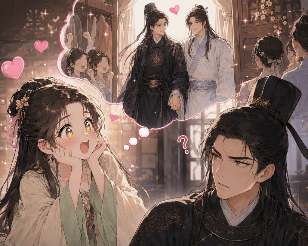 Su Yujin beams with excitement as she imagines Second Master walking hand in hand with another man, while He Yanxiu looks at her with complete bewilderment in a humorous manhua-style scene set in ancient China.