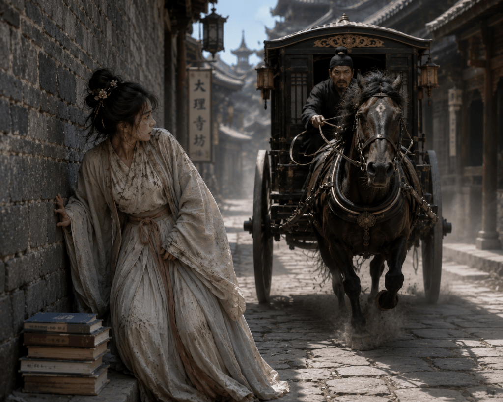 Wen Mingtang presses against a stone wall as a speeding horse-drawn carriage charges toward her on a narrow street near Dali Temple.