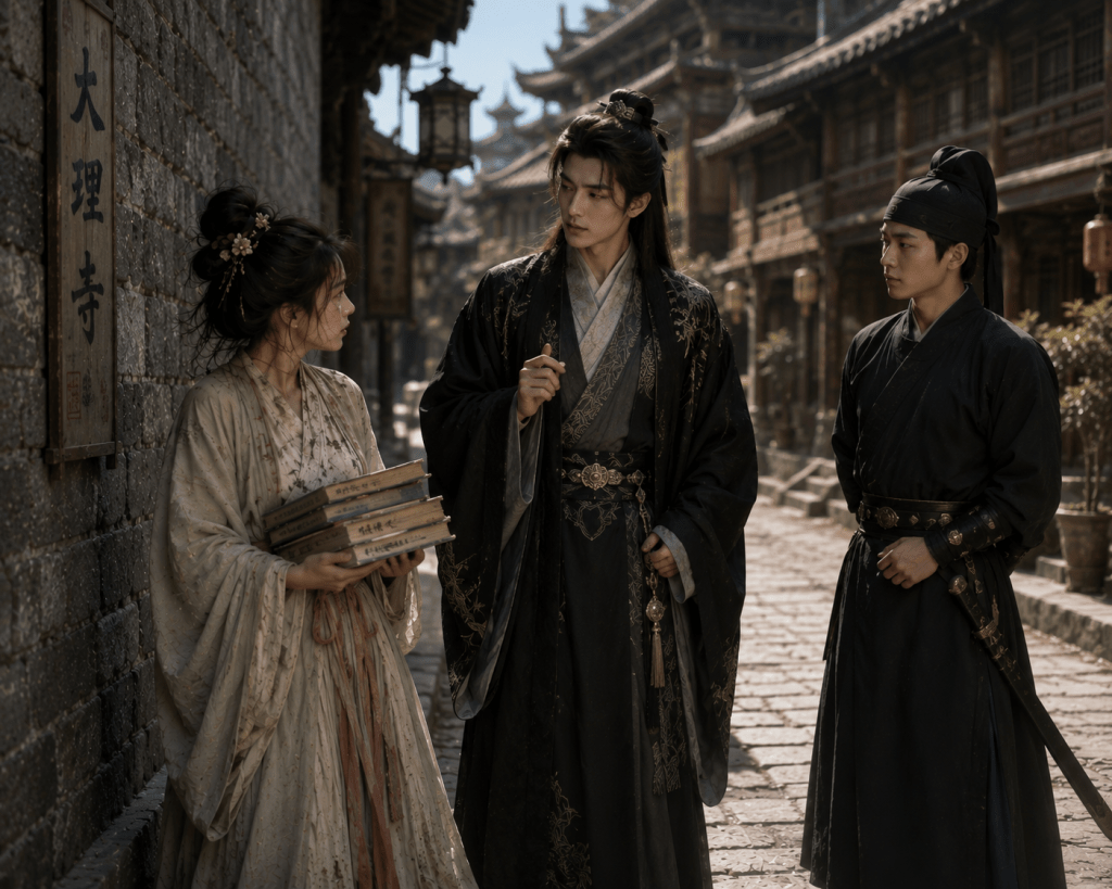 Wen Mingtang holds a stack of books while speaking with Lin Fei, who is dressed as a noble young master, as his young guard stands beside him on a street near Dali Temple.