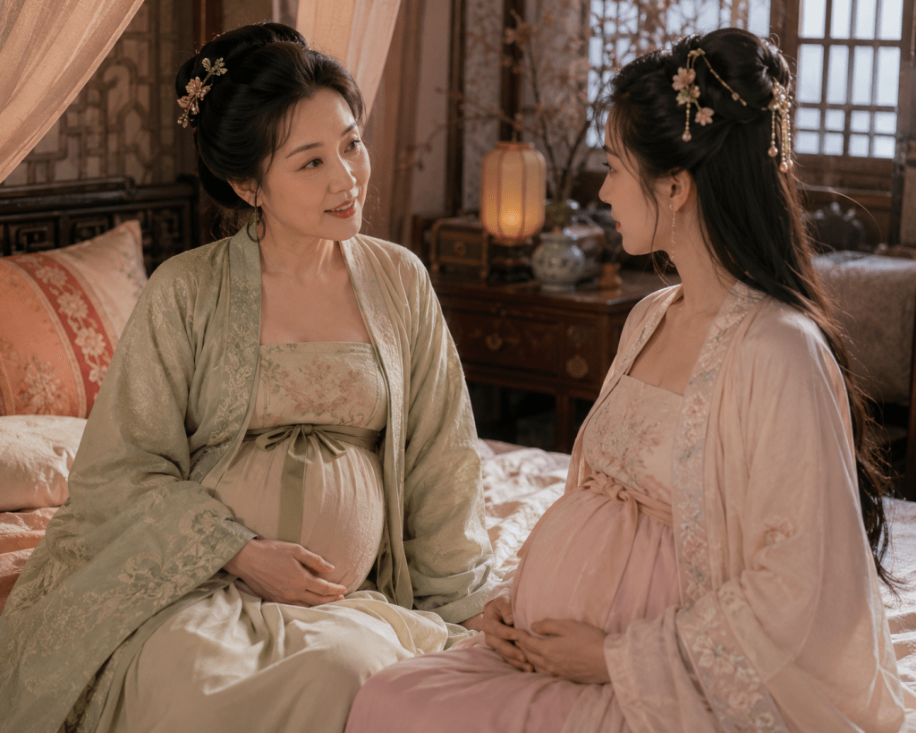 Zhulan, three months pregnant, sits in her bedroom talking with her beautiful pregnant daughter-in-law during a quiet family moment.