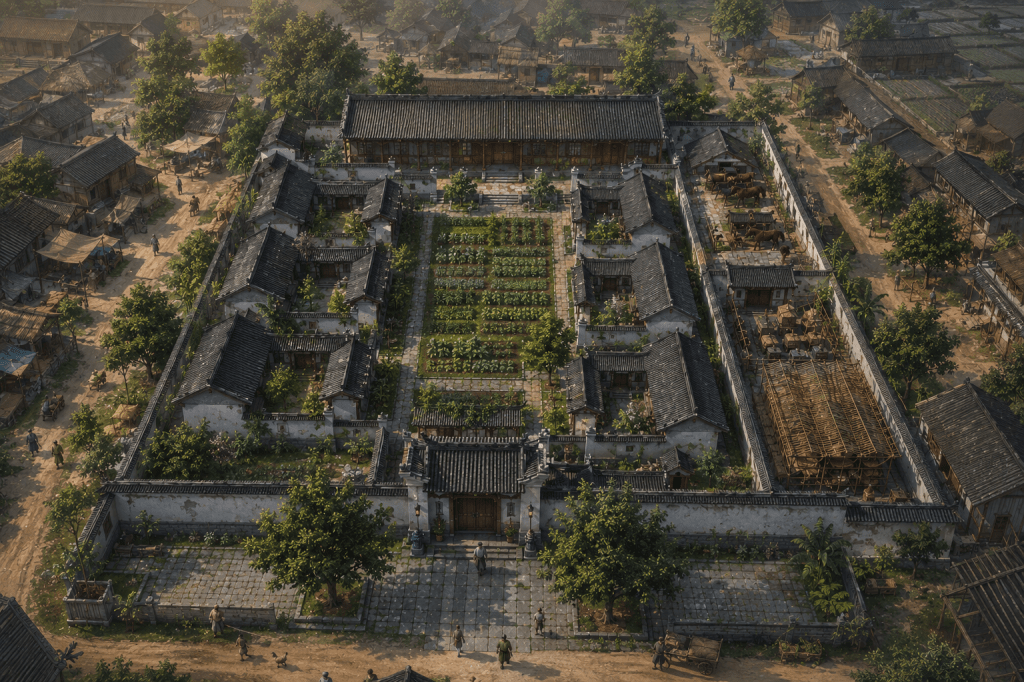 An aerial view of a large walled courtyard residence surrounded by a lively village with homes, roads, farmland, and separate family courtyards.
