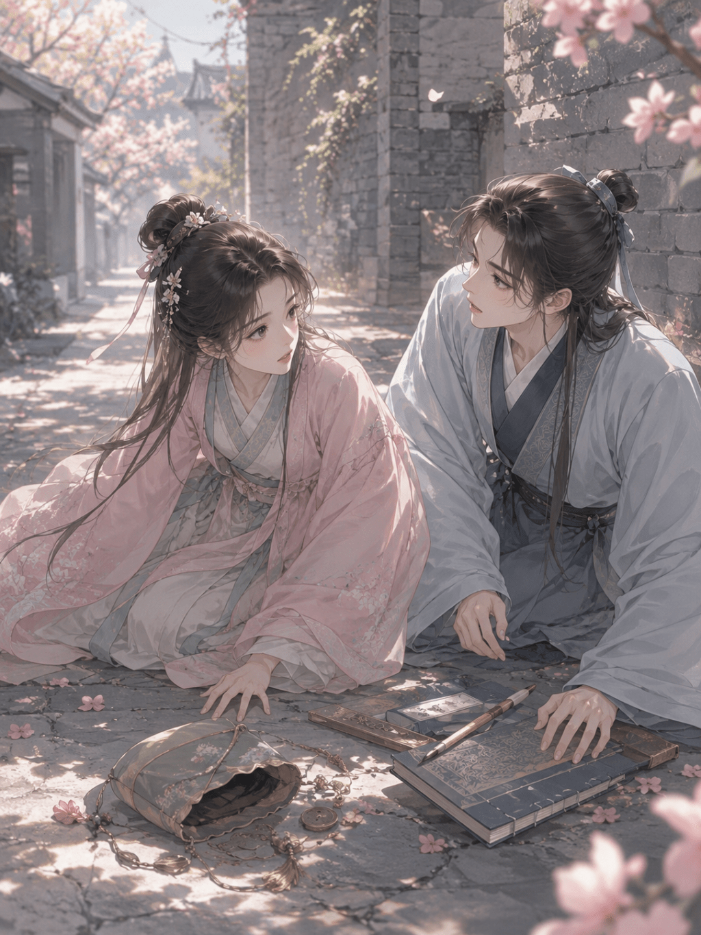 Shuangye and Yu Yongye kneel on the ground after accidentally colliding in a quiet spring alley, with scattered books and a fallen purse beneath blooming peach blossoms.