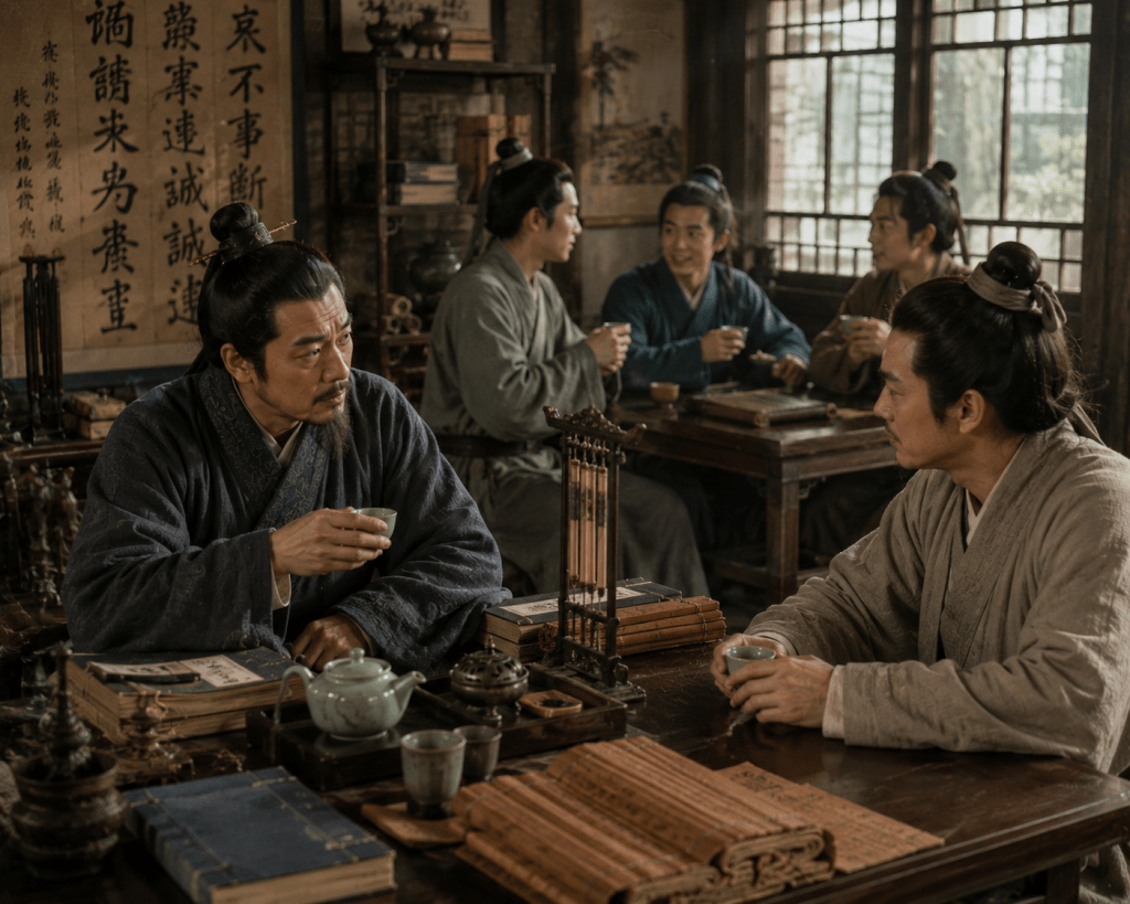 A middle-aged official in simple robes and a scholar discuss an important matter over tea in a study while three teenage boys chat nearby.
