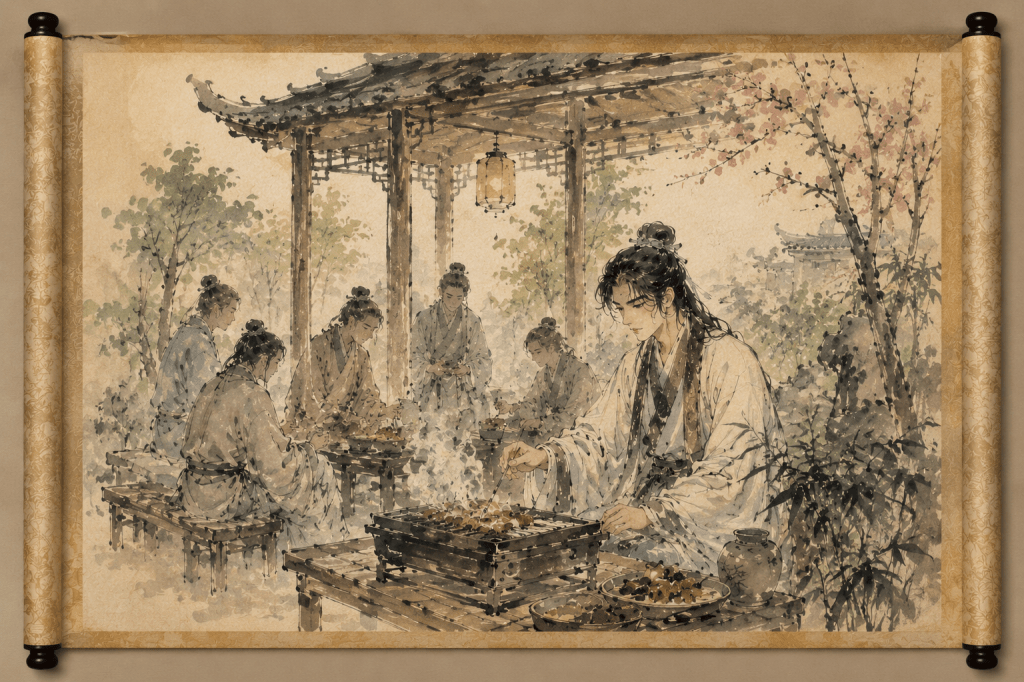 A traditional Chinese ink painting scroll depicting a young man grilling food in a garden pavilion while several other young men gather in the background of a courtyard garden.