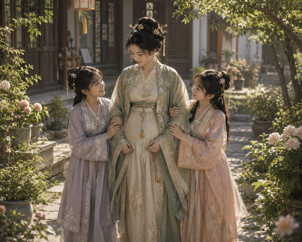 A pregnant noblewoman strolls through her family's courtyard garden while two young girls gently support her on either side in an elegant traditional residence.