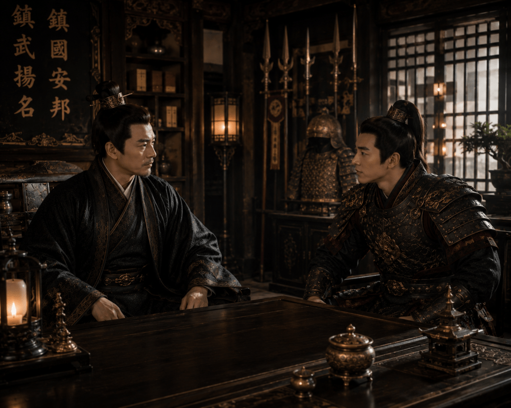 Zhōu Shūrén sits in his office, speaking with his young nephew, a general, during a private conversation in Journey of the Peasant Mother-in-Law Chapter 430.