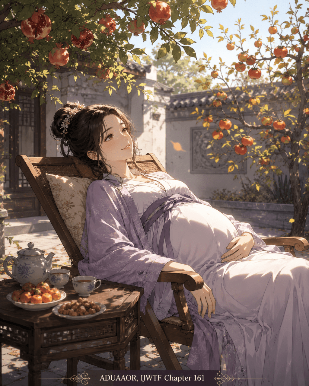 Hu Qiaolan, a young pregnant woman, reclines on a wooden lounge chair in a peaceful autumn courtyard beneath pomegranate and persimmon trees, with tea and snacks beside her in ADUAAOR, IJWTF Chapter 161.