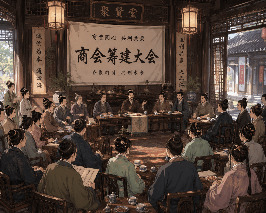 Merchants gather in the main hall of a traditional house for a meeting to establish a chamber of commerce in ADUAAOR, IJWTF Chapter 162.
