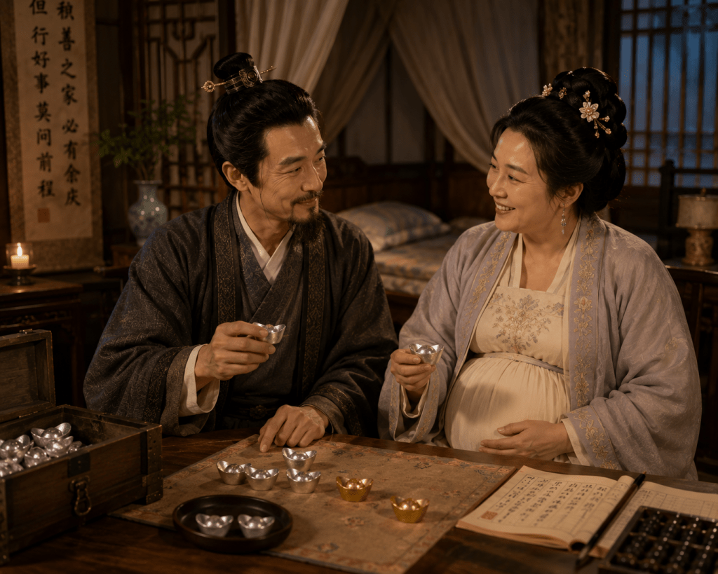 Middle-aged Zhou Shuren and his pregnant wife Zhu Lan happily count silver and gold ingots together in their bedroom in Journey of the Peasant Mother-in-Law Chapter 431.