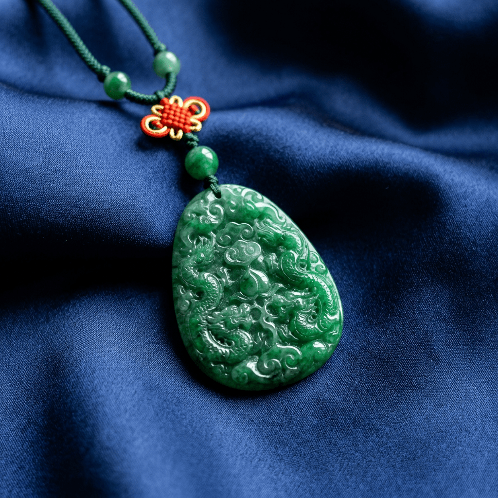 Green jade pendant featuring intricate dragon carvings on dark blue cloth