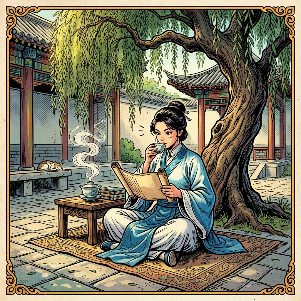 Woman in traditional clothing sitting under a willow tree reading an ancient scroll and drinking tea in a courtyard with a cat resting nearby