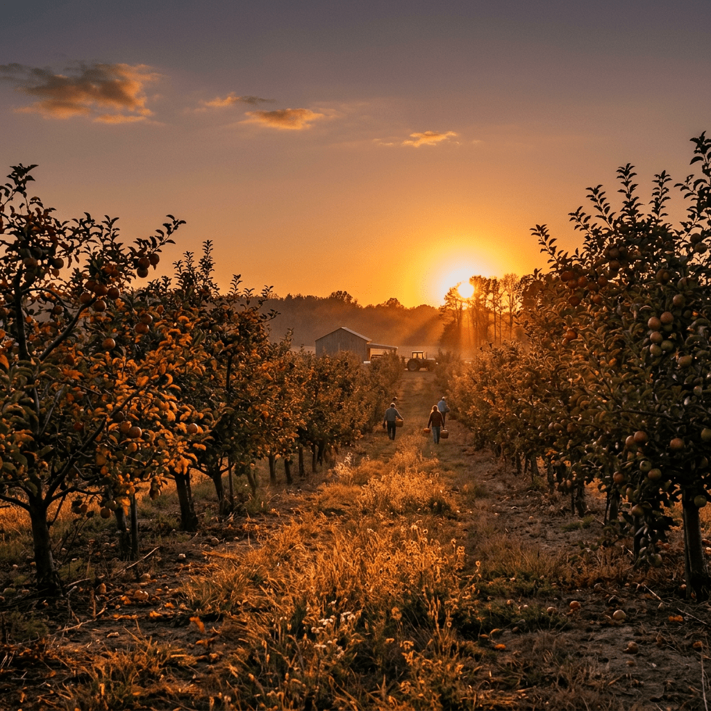 Two people carrying baskets walking between rows of apple trees at sunset