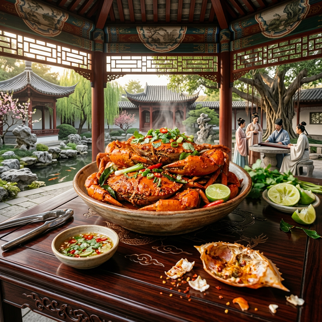 Plate of steaming spicy cooked crabs garnished with fresh herbs, sliced lime, and chili peppers